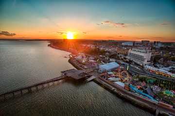 Aerial photo of Southend-on-Sea sea front, pier and horizon